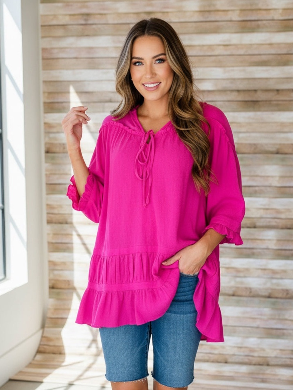 Tie-Neck Ruffle Tunic in Bright Pink